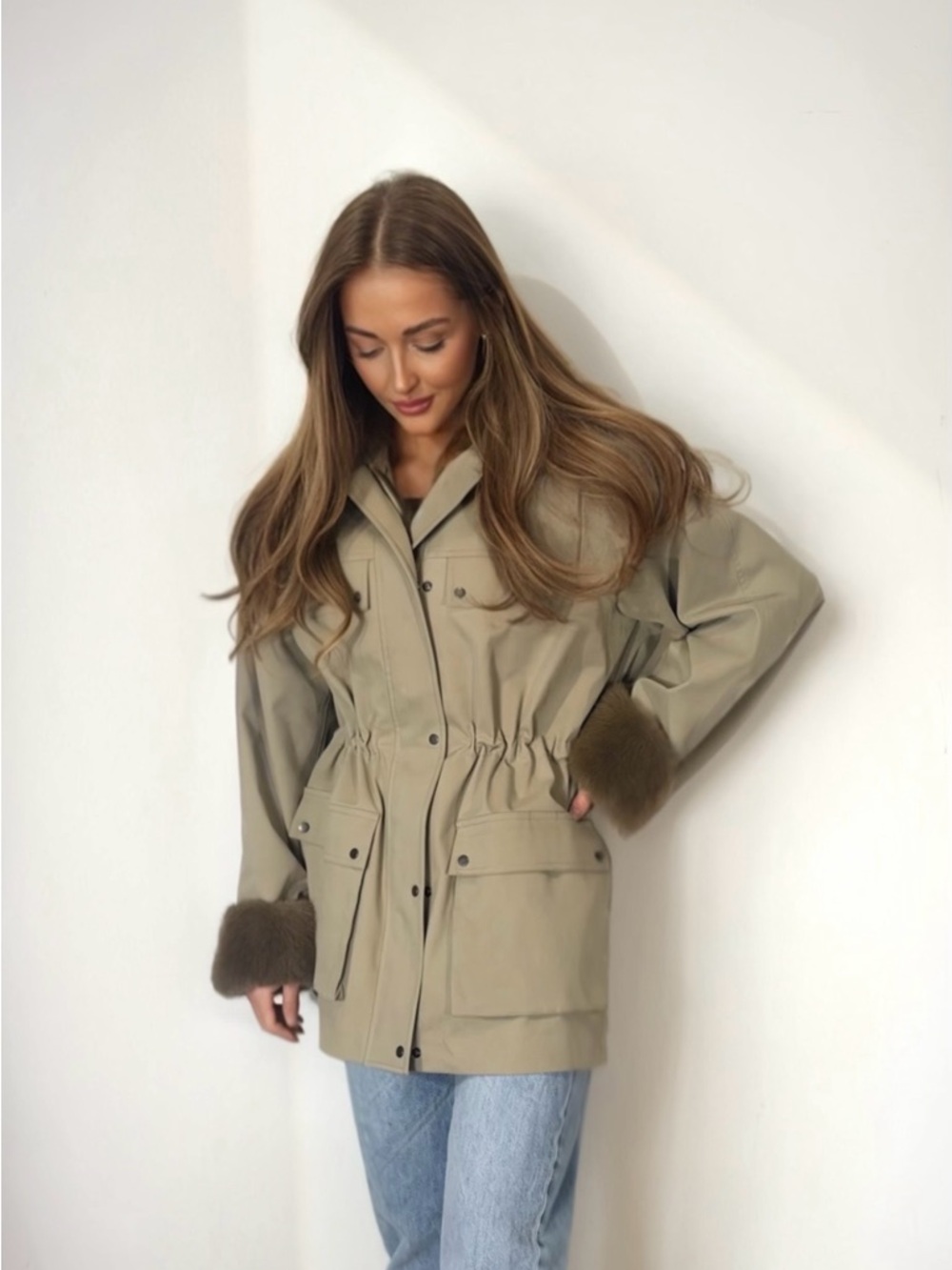 HELSA Olive Utility Jacket with Faux Fur Cuffs